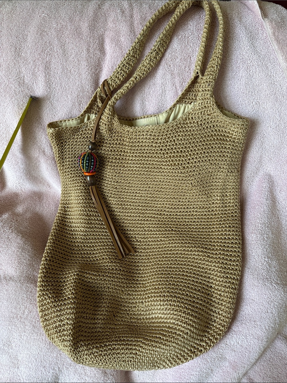 I.N.C. Woven Crocheted Tote Bag with Tassel - Beige